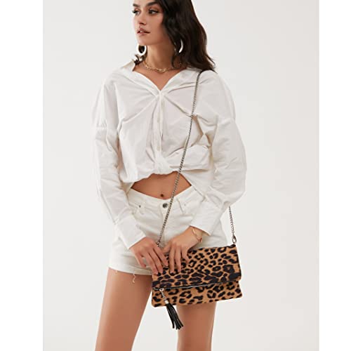 Leopard Zipper Foldover Clutch Envelope Purse Women Cross body Bag with Chain Strap (Leopard) Medium