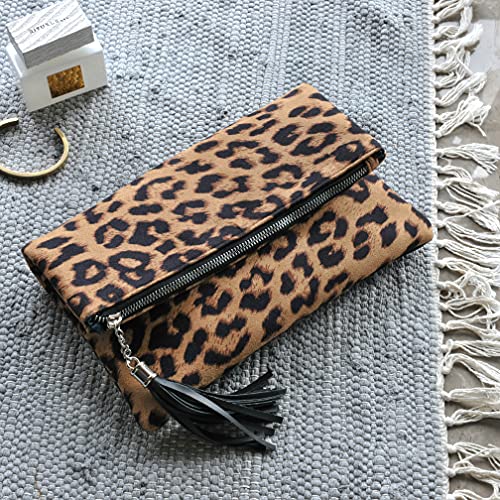 Leopard Zipper Foldover Clutch Envelope Purse Women Cross body Bag with Chain Strap (Leopard) Medium