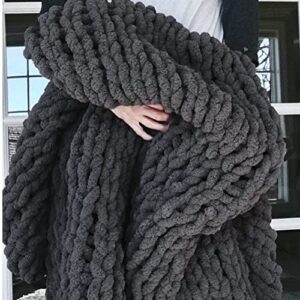 chunky knit throw blanket soft cozy chenille casual handwoven blanket for bed sofa chair home decor (dark gray, 60″ × 80″)