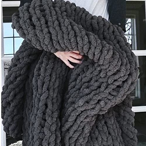 Chunky Knit Throw Blanket Soft Cozy Chenille Casual Handwoven Blanket for Bed Sofa Chair Home Decor (Dark Gray, 60" × 80")