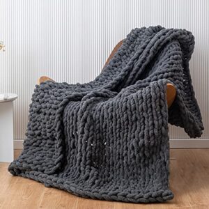 Chunky Knit Throw Blanket Soft Cozy Chenille Casual Handwoven Blanket for Bed Sofa Chair Home Decor (Dark Gray, 60" × 80")