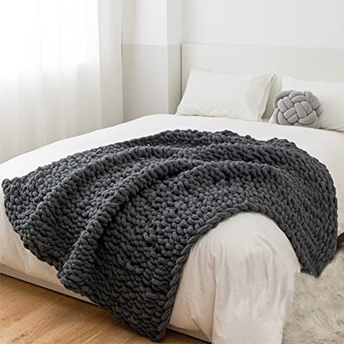 Chunky Knit Throw Blanket Soft Cozy Chenille Casual Handwoven Blanket for Bed Sofa Chair Home Decor (Dark Gray, 60" × 80")