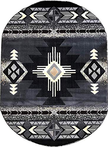 Champion Rugs Southwestern Navajo Aztec Native American Geometric Area Rug Gray (5 Feet X 7 Feet Oval)