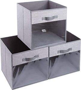 dimj cube storage bins, 3 packs clear window fabric storage bin organizer for closet shelves home storage cubes organizer with handles