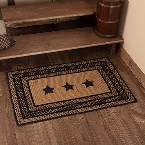 VHC Brands Farmhouse Jute Rectangular Rug with Stencil Stars 24x36 Country Braided Flooring, Country Black and Tan