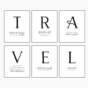 stamp my passport travel wall decor – travel quotes wall art – 6 piece 8×10 adventure awaits wall decor (travel is the only thing you buy that makes you richer) unframed black and white wall art