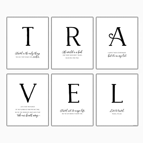 Stamp My Passport TRAVEL Wall Decor - Travel Quotes Wall Art - 6 Piece 8x10 Adventure Awaits Wall Decor (Travel is the Only Thing You Buy That Makes You Richer) Unframed Black and White Wall Art