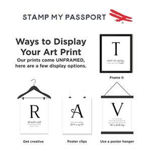 Stamp My Passport TRAVEL Wall Decor - Travel Quotes Wall Art - 6 Piece 8x10 Adventure Awaits Wall Decor (Travel is the Only Thing You Buy That Makes You Richer) Unframed Black and White Wall Art