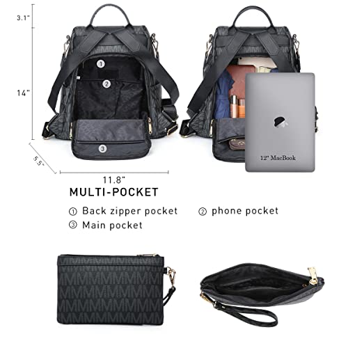 MKP Women Fashion Backpack Handbags Purse Anti-theft Rucksack Designer Travel Bag Ladies Shoulder Bags with Matching Wristlet (Black)
