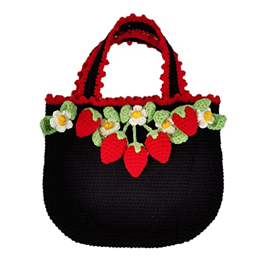 BIBITIME Women Lady Handmade Knit Tote Bucket Bag Handbag Strawberry Decoration (Black, 8.66 in x 9.84 in)