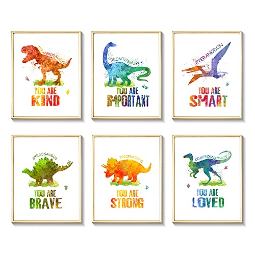 Dinosaur Wall Art Posters, Watercolor Dinosaur Wall Decor Prints, 8 x 10 inch Unframed Motivational Quote Room Decor Photo Pictures for Kids Boys Nursery Bedroom Decorations… (6 Pcs)