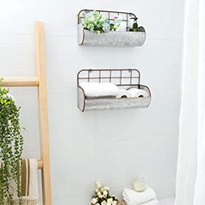 Dahey 2 PCS Farmhouse Galvanized Wall Basket Decor Bathroom Storage Bin Organizer and 2 Pack Rustic Wood Wall Shelves Display Ledge Storage Rack 17 inch