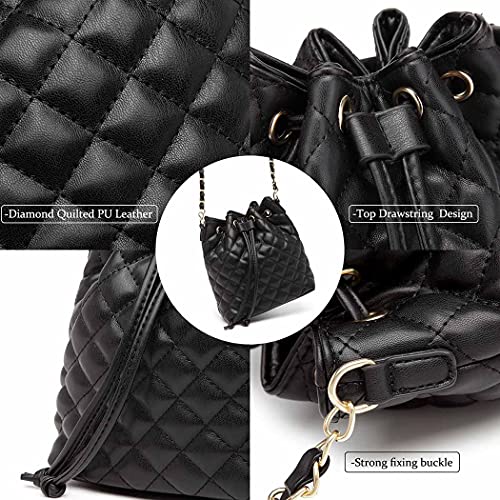 MCK Quilted Bucket Crossbody Bag and Purse for Women Drawstring Soft Vegan Leather Shoulder Bags Lightweight Handbags (Black)