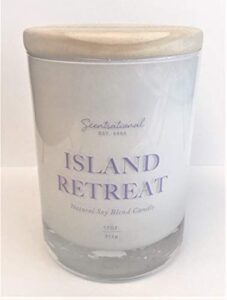 natural coconut + beeswax scented candle island retreat in glossy white jar with lavender text, 11 oz.
