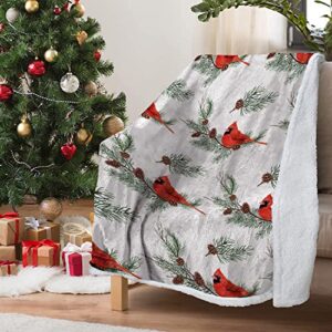 sun-shine sherpa fleece throw blanket cardinal birds with pine cones leaves home decor reversible fuzzy warm and cozy throws, christmas super soft plush bed tv blankets for couch/sofa/travel