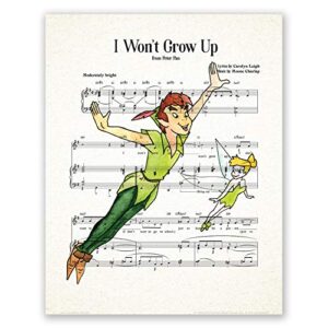 atozstudio peter pan and tinker bell poster // neverland music sheet wall art decor print // nursery baby gift // kids room christmas // party decoration (8×10)