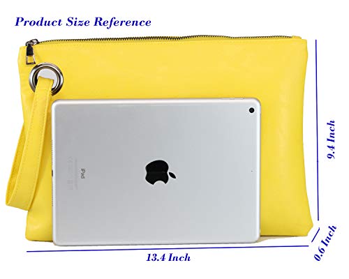 AMAZE Womens Oversized Clutch Bag Large PU Leather Pouch Evening Handbags Envelope Purse with Wristlet Shoulder Lady (Yellow)