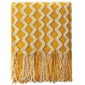 ntbay acrylic knitted throw blanket, lightweight and soft cozy decorative woven blanket with tassels for travel, couch, bed, sofa, 51×67 inches, mustard yellow wave