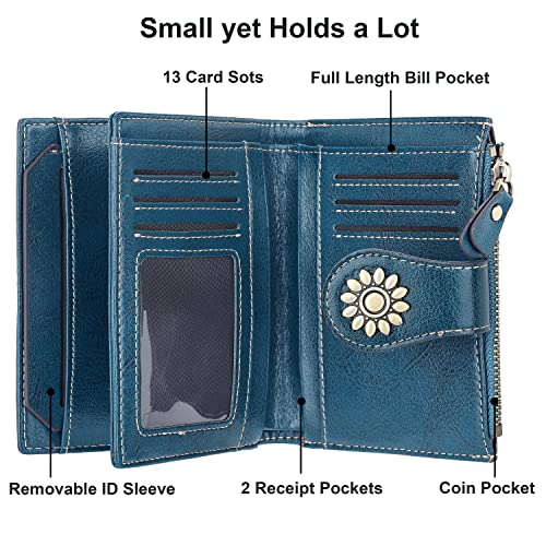 Lavemi Womens Leather Wallet Small Compact RFID Blocking Credit Card Case Purse with Zipper Pocket(Peacock Green)