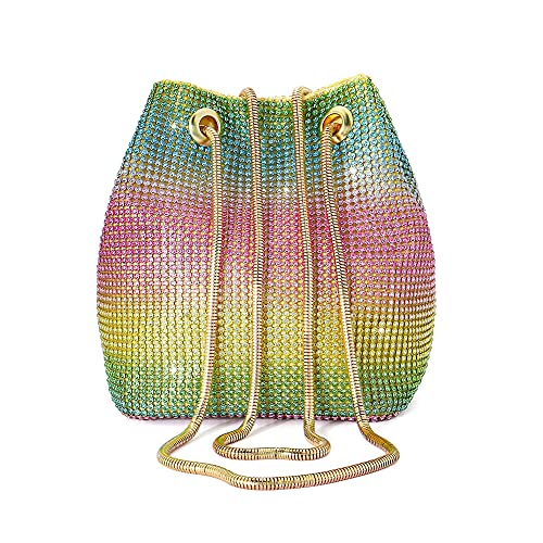 Ayliss Women's Full Rhinestones Bucket Bag Mini/Small Crossbody Shoulder Evening Shinny Bling Clutch Purse Bucket Handbag (Rainbow(Mini))