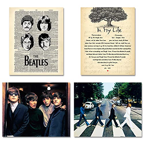 Rock Band Poster - Set of 4 Panels UNFRAMED Vintage Canvas Prints Cool Wall Art 8*10" Music Posters Band Posters Dictionary Inspirational Wall Art Beatles Gifts for Men Women Music and Rock N Roll Fans