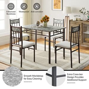 NAFORT 5-Piece Dining Table Set for 4, Vintage Rectangular Kitchen Table and 4 Chairs with Cushion Padded Seat, Metal and Wood Dining Set Kitchen Furniture, Marble Top
