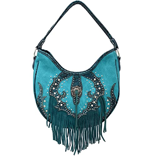 Zelris Western Concho Fringe Lace Two Toned Conceal Carry Hobo Tote Purse (Turquoise)