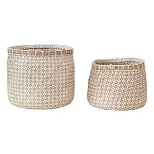creative co-op hand-woven seagrass & paper pattern, natural & white, set of 2 basket, brown, 2