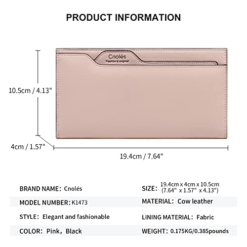 Cnoles Genuine Leather Wallet for Women Large Capacity Wristlet Bifold Ladies Purse Multi Card Organizer Pink