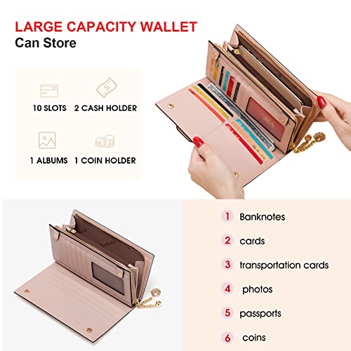 Cnoles Genuine Leather Wallet for Women Large Capacity Wristlet Bifold Ladies Purse Multi Card Organizer Pink