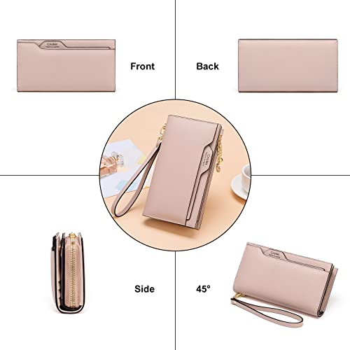 Cnoles Genuine Leather Wallet for Women Large Capacity Wristlet Bifold Ladies Purse Multi Card Organizer Pink