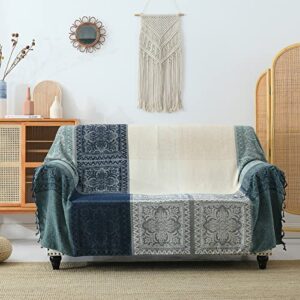 pangushan boho couch cover blanket – boho tribal woven chenille throw blanket wiz tassel, bohemian hippie decor for bed sofa loveseat recliner(beige blue, 60×75)