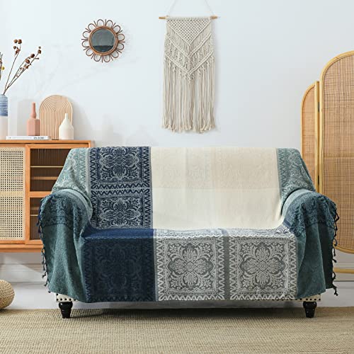 PANGUSHAN Boho Couch Cover Blanket - Boho Tribal Woven Chenille Throw Blanket wiz Tassel, Bohemian Hippie Decor for Bed Sofa Loveseat Recliner(Beige Blue, 60x75)