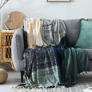 PANGUSHAN Boho Couch Cover Blanket - Boho Tribal Woven Chenille Throw Blanket wiz Tassel, Bohemian Hippie Decor for Bed Sofa Loveseat Recliner(Beige Blue, 60x75)