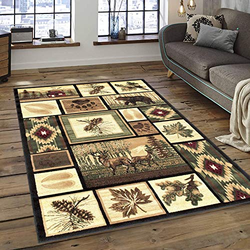 Champion Rugs Cabin Style Area Rug Rustic Western Country Bear Elk Deer Bear Wildlife Lodge Native American Design (5’ 3” X 7’ 5”)