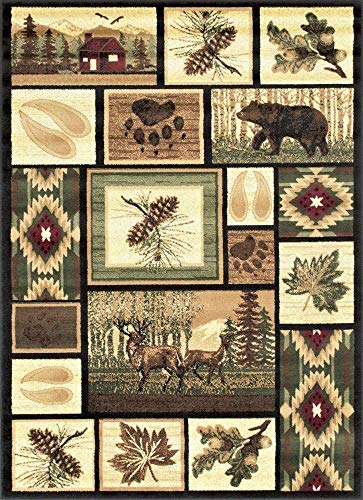 Champion Rugs Cabin Style Area Rug Rustic Western Country Bear Elk Deer Bear Wildlife Lodge Native American Design (5’ 3” X 7’ 5”)