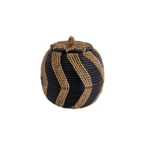 boho handwoven rattan storage basket with lid, natural and black