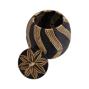 Boho Handwoven Rattan Storage Basket with Lid, Natural and Black