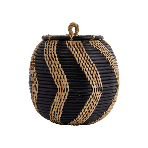 Boho Handwoven Rattan Storage Basket with Lid, Natural and Black