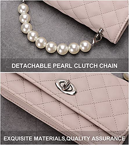 GM LIKKIE Clutch Purse for Women, Evening Envelope Quilted Wallet Bag, Crossbody Foldover Pearl Wedding Shoulder Handbag (Nude Pink)