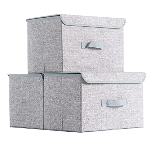 SamiTime Large Foldable Storage Orangizer Bins Boxes with Lids Cover, Fabric Storage Baskets Containers Cube with Cover for Home Bedroom Closet Office Nursery (Gray Linen)