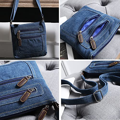 Dayfine Fashion Shoulder Handbag Satchels Ladies Cross-body Sling Classical Messenger Tote Solid Color Multi-zip Multi-pocket Small Square Denim Bag