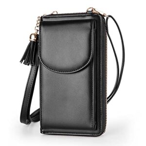 womens crossbody bag big tassels small cell phone shoulder purse leather travel rfid card wallet case baggap handbag clutch for iphone 11 se 11 pro xr x xs max 8/7/6 plus lg stylo samsung (black)