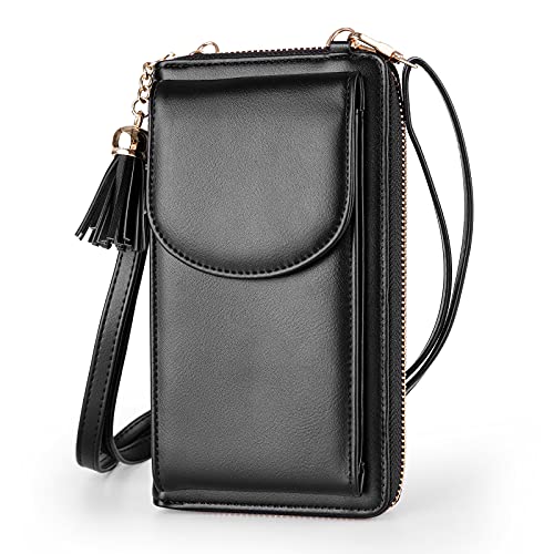 Womens Crossbody Bag Big Tassels Small Cell Phone Shoulder Purse Leather Travel RFID Card Wallet Case Baggap Handbag Clutch for iPhone 11 SE 11 Pro Xr X Xs Max 8/7/6 Plus LG Stylo Samsung (Black)