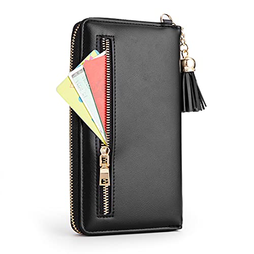 Womens Crossbody Bag Big Tassels Small Cell Phone Shoulder Purse Leather Travel RFID Card Wallet Case Baggap Handbag Clutch for iPhone 11 SE 11 Pro Xr X Xs Max 8/7/6 Plus LG Stylo Samsung (Black)