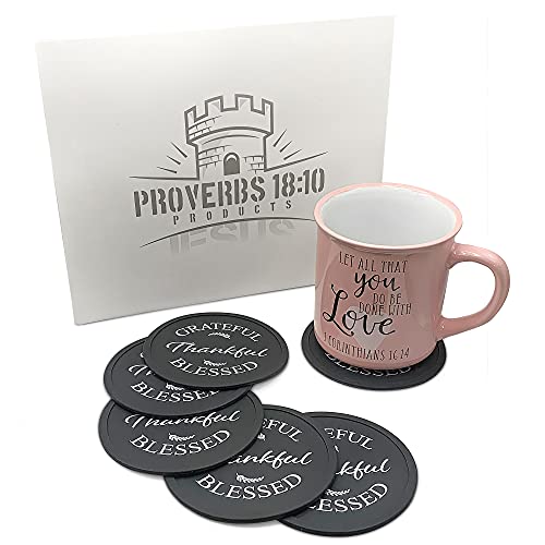 Silicone Coasters for Drinks Set / 6 Pack Proverbs 18:10 Products / Black Drink Coasters for Table Top Protection / Thankful Home Decor and Housewarming Gift / Grateful Thankful Blessed Decor