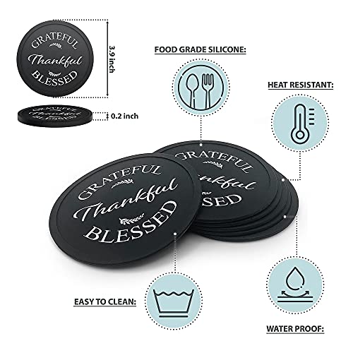 Silicone Coasters for Drinks Set / 6 Pack Proverbs 18:10 Products / Black Drink Coasters for Table Top Protection / Thankful Home Decor and Housewarming Gift / Grateful Thankful Blessed Decor