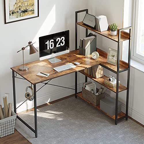 CubiCubi Computer Corner Desk with Storage Shelves, 47 Inch Small L Shaped Computer Desk, Home Office Writing Desk with 2 Hooks, Brown