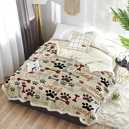 CHARMHOME Fluffy and Soft Plush Sherpa Fleece and Coral Reversible Blanket 59"x79",Cartoon Dog Footprints and Bones Throw Blanket for Children and Adult,Machine Washable Non-Shedding