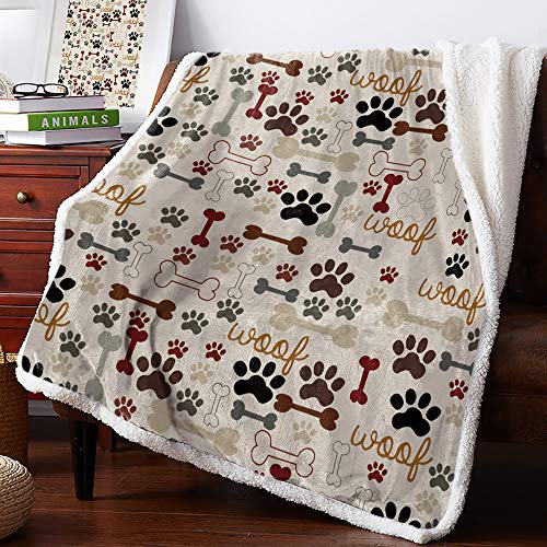 CHARMHOME Fluffy and Soft Plush Sherpa Fleece and Coral Reversible Blanket 59"x79",Cartoon Dog Footprints and Bones Throw Blanket for Children and Adult,Machine Washable Non-Shedding